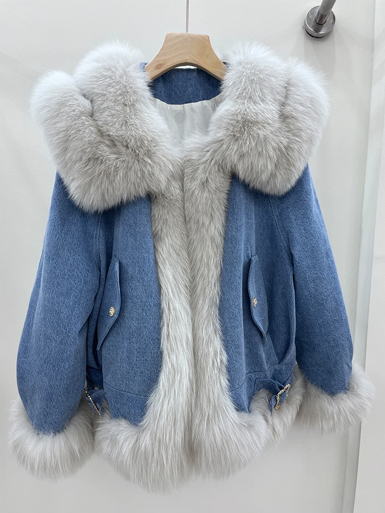 

Autumn Winter Natrual Fox Fur Collar Thick Women's Warm Denim Coat Goose Down Jacket Luxury Outwear New Female Feather Coats