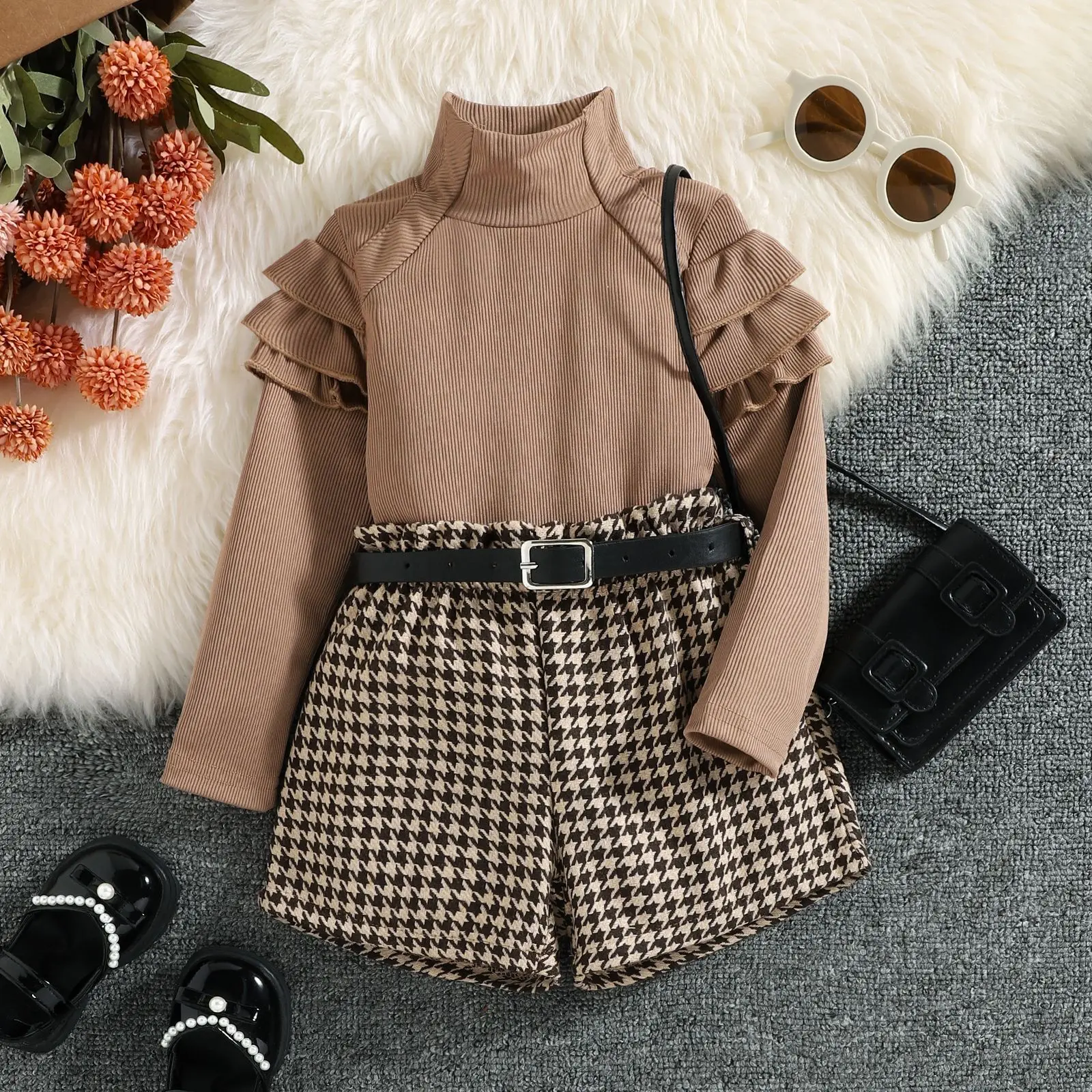 3Piece Fall Toddler Girl Clothes Korean Fashion High Collar Solid Long Sleeve Baby Tops+Shorts+Belt Luxury Kids Clothing BC870