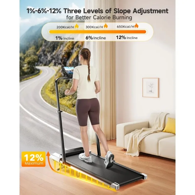 Walking Pad Treadmill 12% Incline, 6 in 1 Folding Under Desk Machine with Adjustable Handle Bar