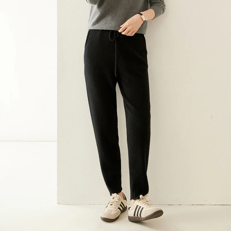 بنطال كشمير نسائي شتوي دافئ محبوك بخصر مطاطي وأربعة أرجل صغيرة مسطحة، سروال ناعم ومريح وعصري #5