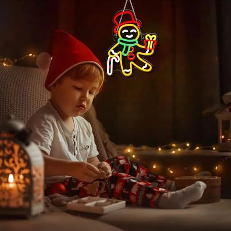 Gingerbread Man Neon Sign หรี่แสงได้คริสต์มาส Led Neon Light up Sign XMAS สําหรับตกแต่งหน้าต่างห้องนั่งเล่นเด็กเทศกาลห้องนอน