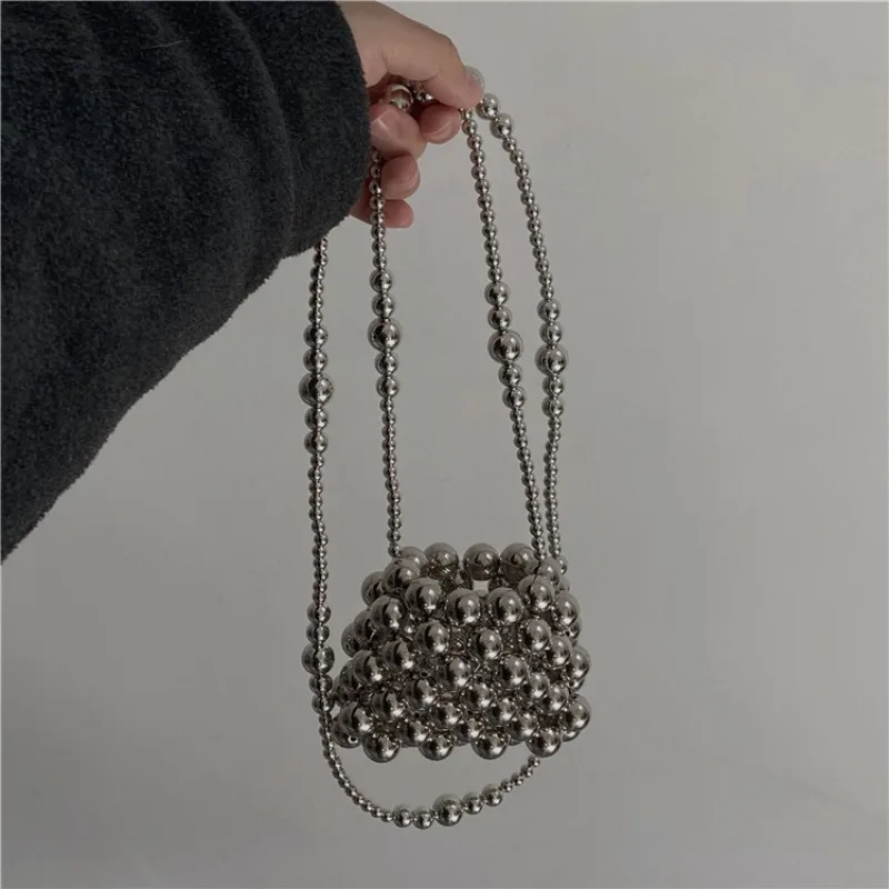 DIY Premium Metal Silver Crossbody Bag DIY Handmade Woven Beaded Bag Handheld One Shoulder Mini Cute Small Pearl Chain Bag