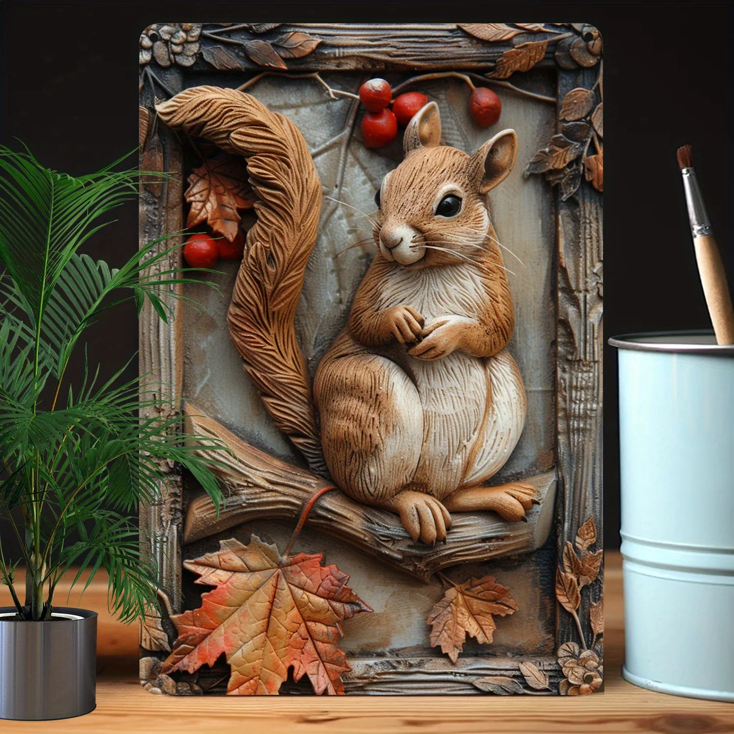 

Squirrel & Autumn Leaves Metal Wall Art, Decorative Sign for Home & Garden, High Bend Resistance Vintage Style Decoration - 1pc