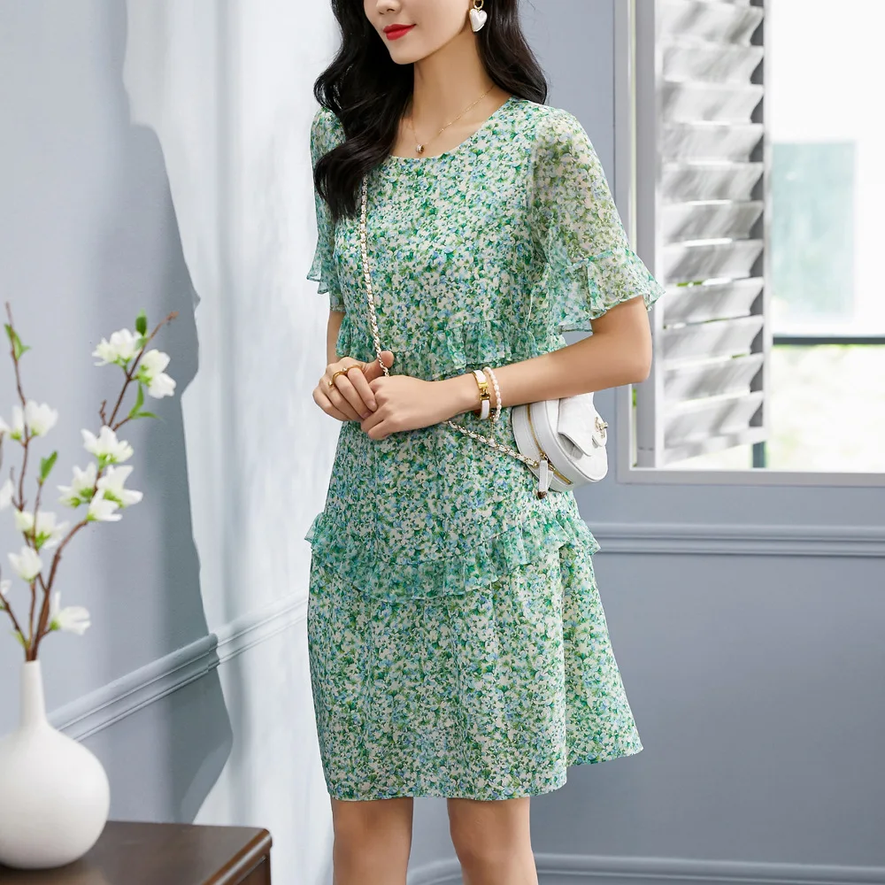 Birdtree 100%Mulberry Silk Temperament Fragmented Flower Dress Ruffle Sleeve Middle Waist Women's Dress 2023 Summer New D39132QC