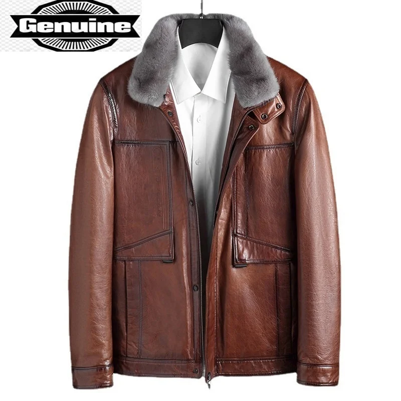 

Genuine Sheepskin Leather Jacket 100% Men 2023 Grey Mink Fur Collar Coat for Men White Duck Down Parkas Jaquetas Gxy293