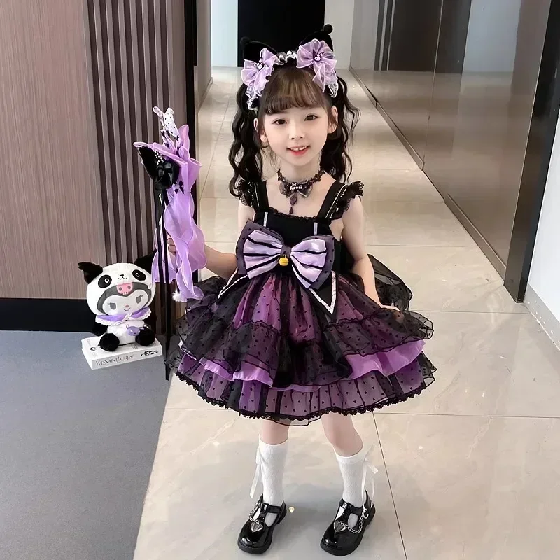 Sanrio Kuromi Princess Dress Purple Girl Puff Sleeve Cosplay Sweet Halloween Costume Gift Set for Kid Birthday Ball Gown Clothes