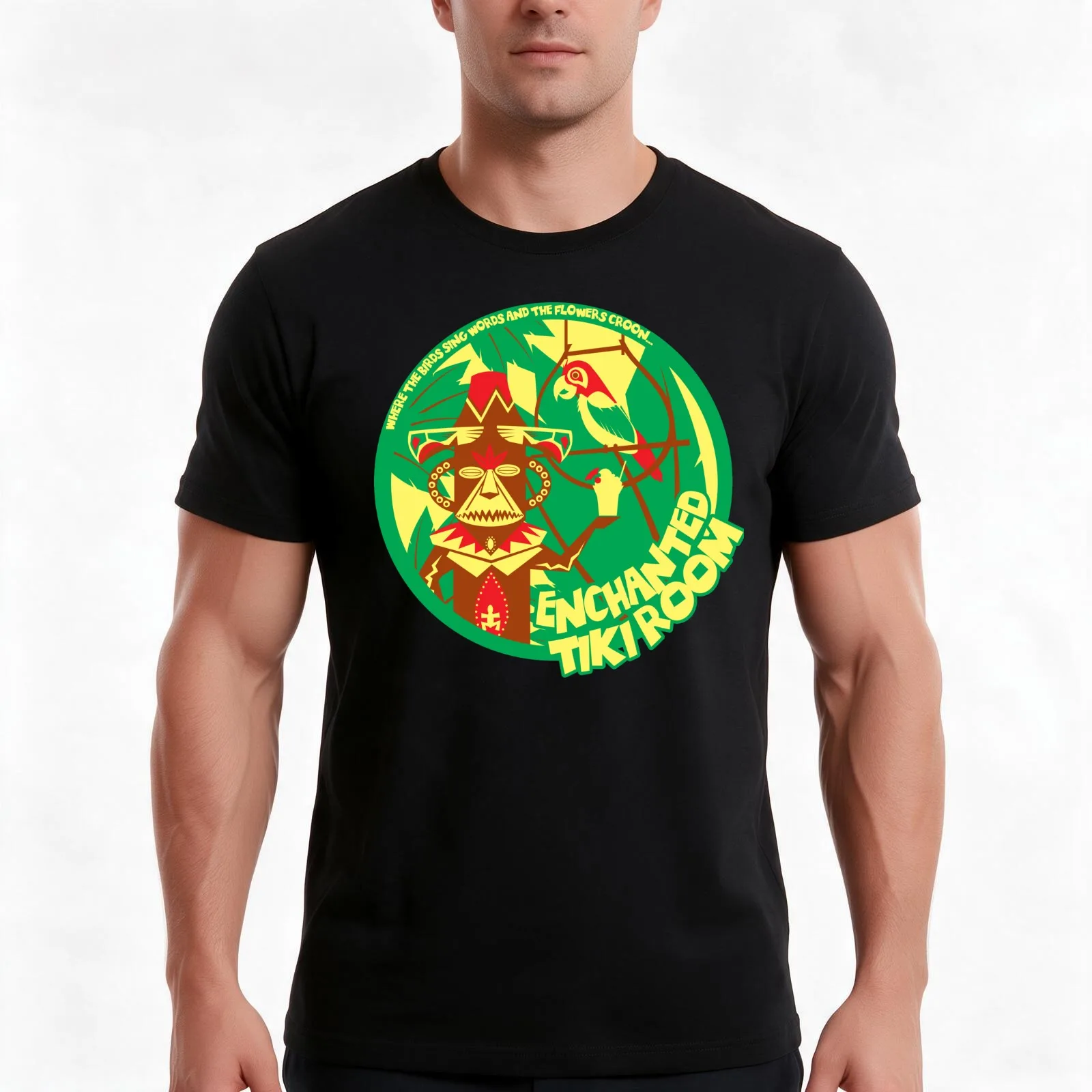 The Enchanted Tiki Room (green, red, yellow) T-Shirt, Summer Casual Cotton Tee, Oversized Streetwear Tops, Vintage Graphic Print