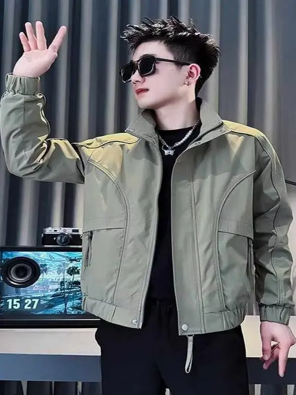 

Men's Casual Faion Jaet Pure Color Stand Collar Spring Autumn New Sle Windproof Leisure Workwear Coat Zipper Closure