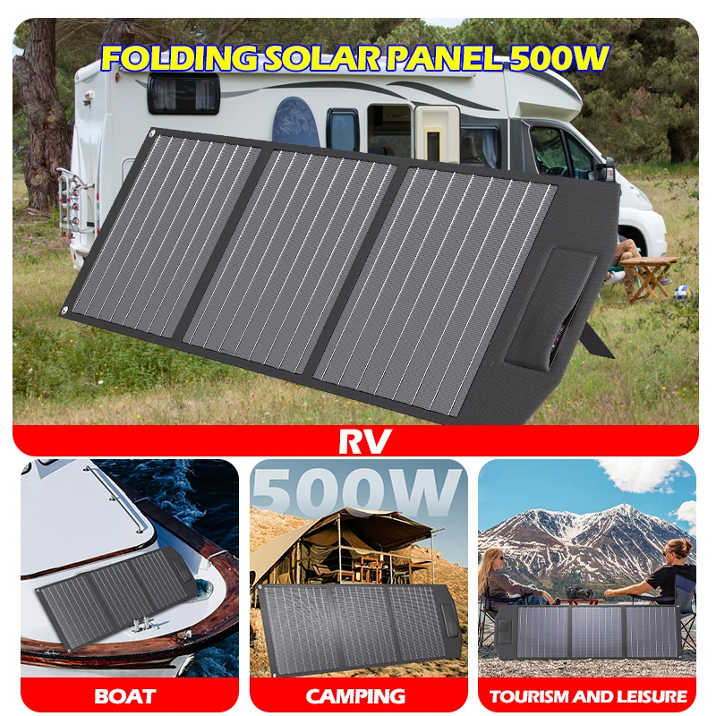 500W Folding Solar Panel USB+TypeC Smart Charge Portable Handbag Photovoltaic Panels for DC 18V Solar Energy Tourism Camping