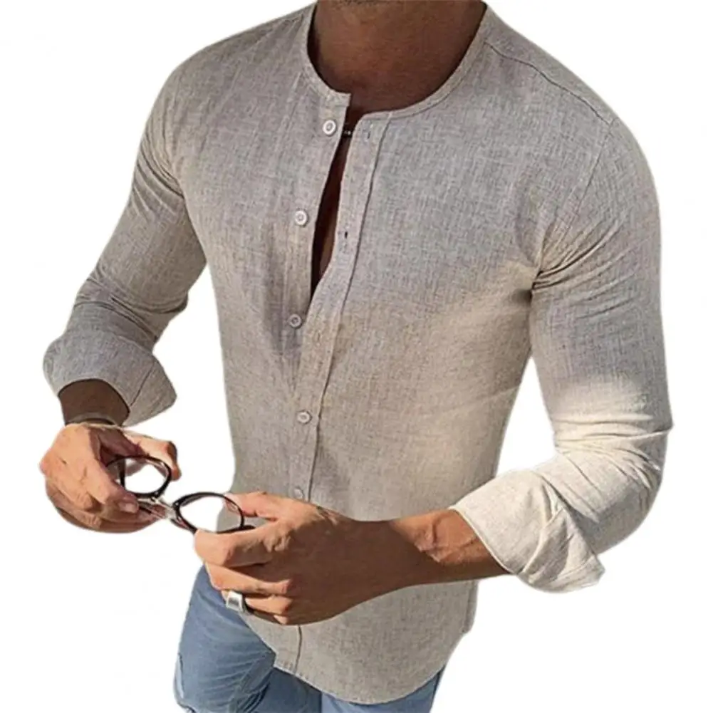 Oversized M-3XL Men Round Collar Cotton Linen Long Sleeve Loose Blouse Shirts Male Solid Streetwear Tops