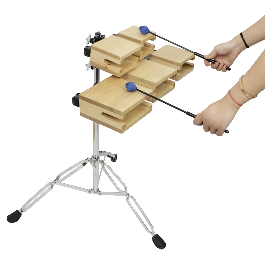 IRIN Wooden Cow Bell High-Low Pitch 5 Tone Clapper Cow Bell with Tripod Stand Drumsticks Drum Kit Percussion Musical Instrument