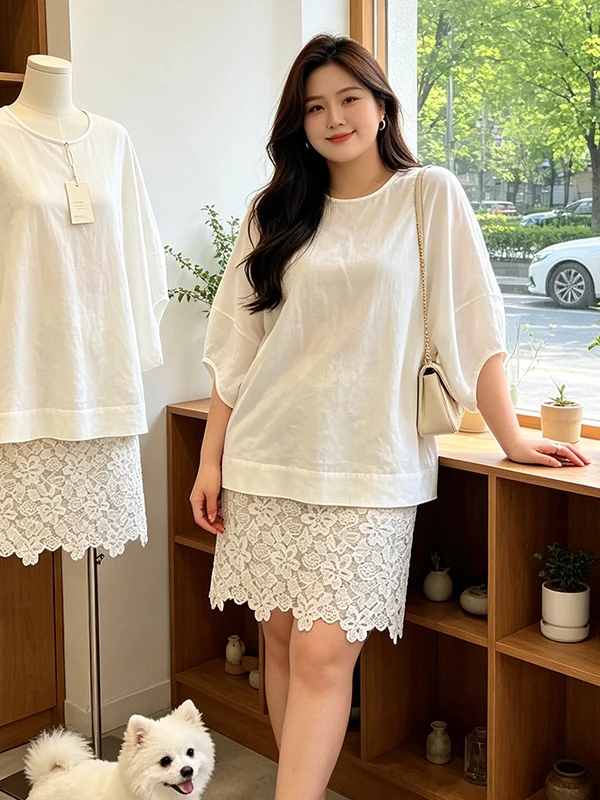 

White Lace Half-Skirt Two-Piece Set Summer Thin Seven-Sleeve Top Women's plus Size Fashion Korean Style Breathable Casual Wear