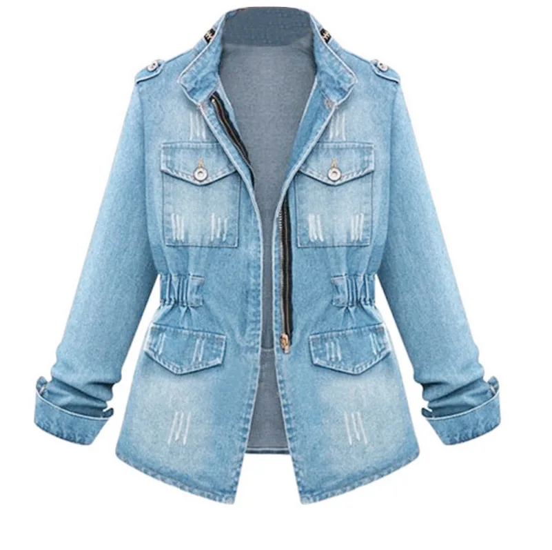 Creative Urban Style Elegant Denim Jacket  Long Sleeve Stand Collar Slimming Women's Jacket Multi Pocket Design For Daily Street