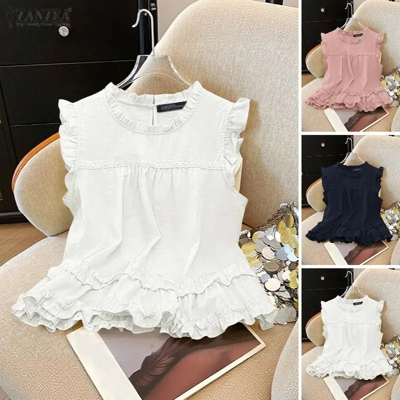 ZANZEA Damen Sommer-Tanktops 2026 – Stylische Rüschen-Urlaubshemden, elegante ärmellose O-Neck-Arbeitsblusen, lässige lockere T-Shirts