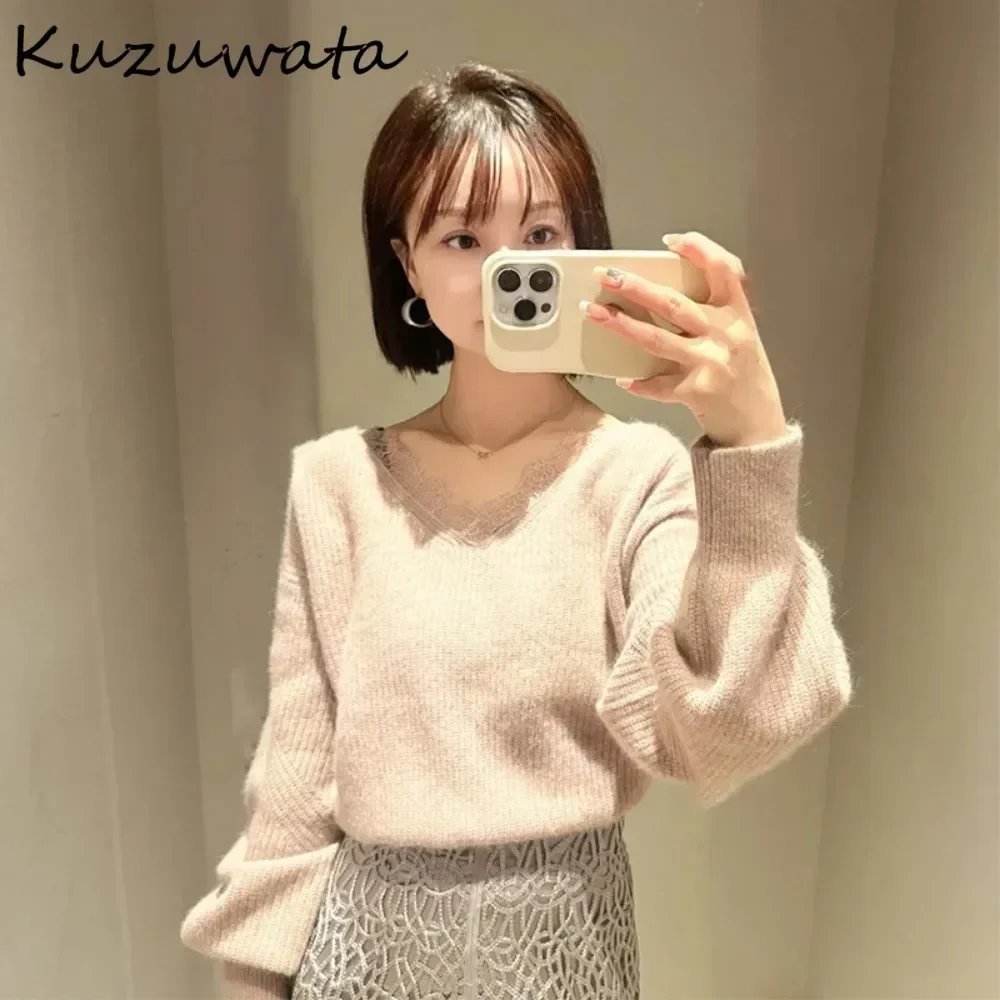 Kuzuwata Moda dulce cuello en V manga larga encaje tejido Patchwork suelto todo-fósforo Top de punto Japón Jersey literario francés Pull Femme