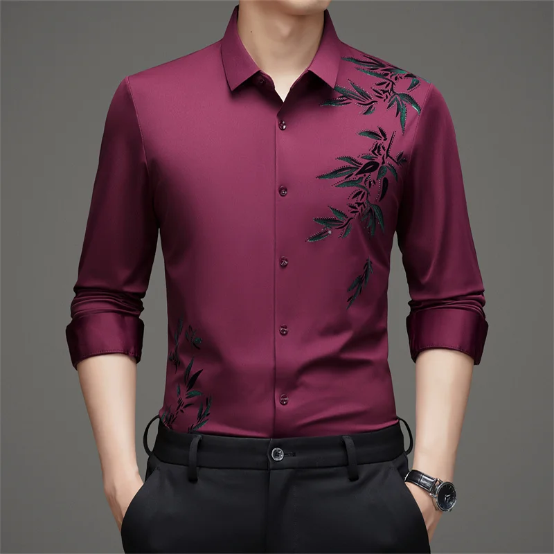 Rivets Silky Print Shirts For Men Long Sleeved Seamless Easy Care Spring Quality Soft Comfortable Smart Casual Camisas De Hombre