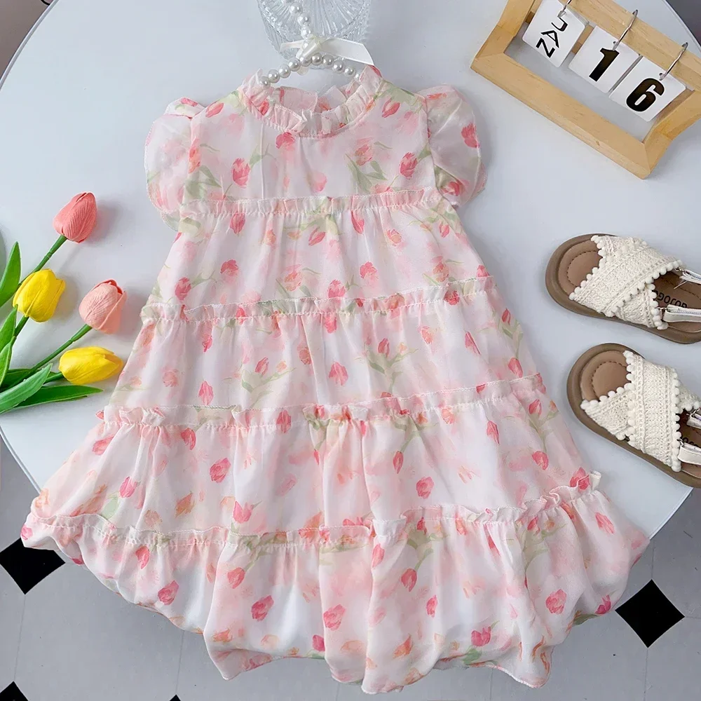 2026 Summer Pink Sweet Girl Princess Dress Flower Printed Lace Sleeveless Children's Casual Clothes Birthday Party Dresses