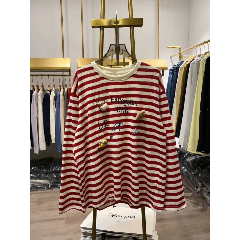 

Дизайнерская женская футболка с длинными рукавами в контрастную полоску, осенний свободный универсальный топ