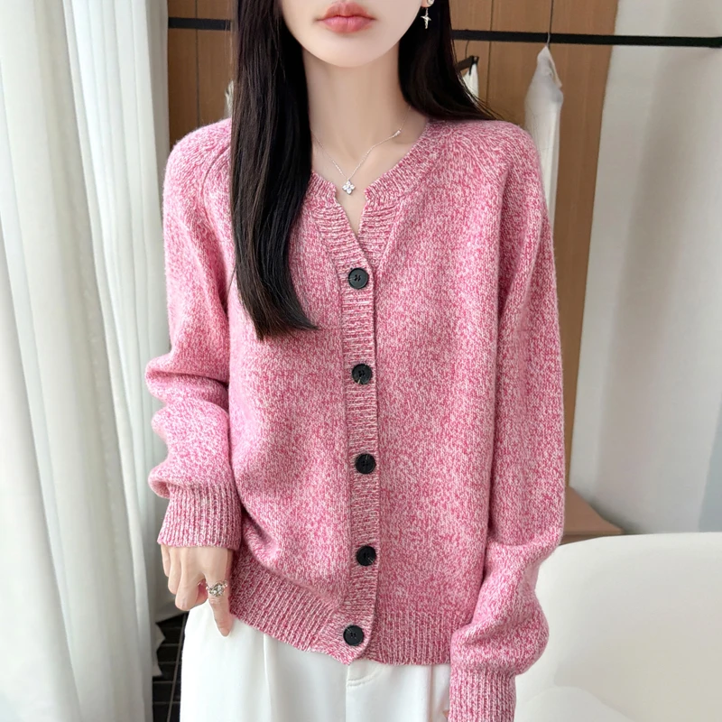 100% Merino Wool Women Cardigan Soft O-Neck Cashmere Sweater OL Buttoned Thicken Knitwear Casual Top Clothing Korean Style