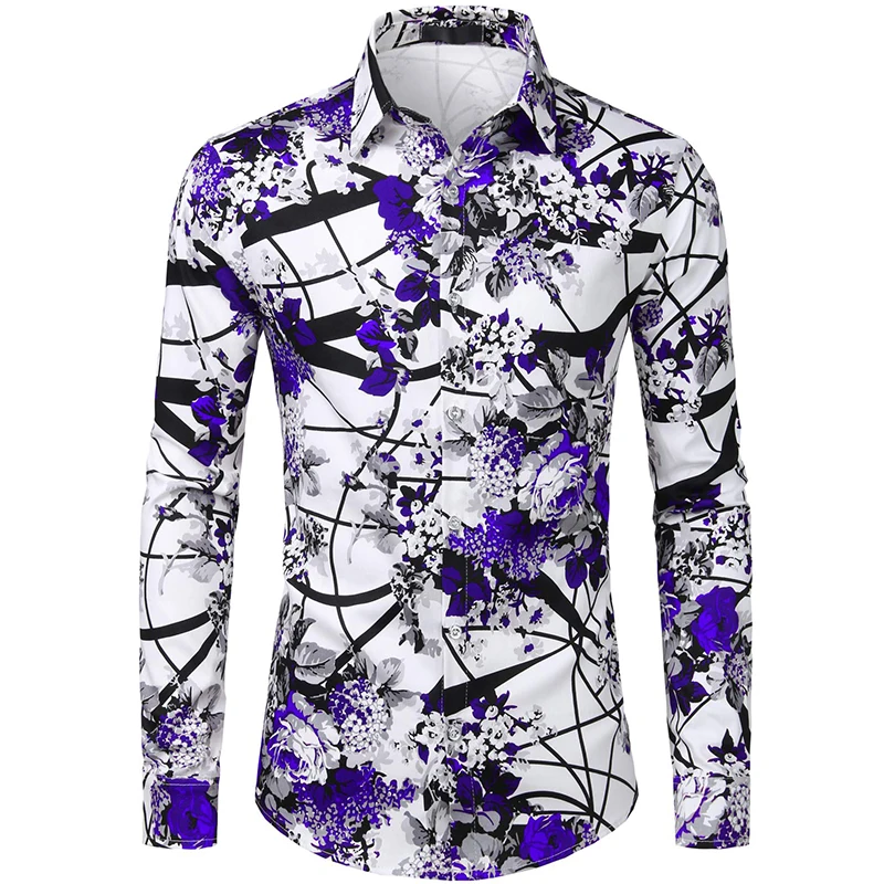 Men\'s Hipster Retro Rose Floral Graphic Shirts Full Printed Casual Slim Fit Long Sleeve Streth Shirt For Men Button Up Blouse