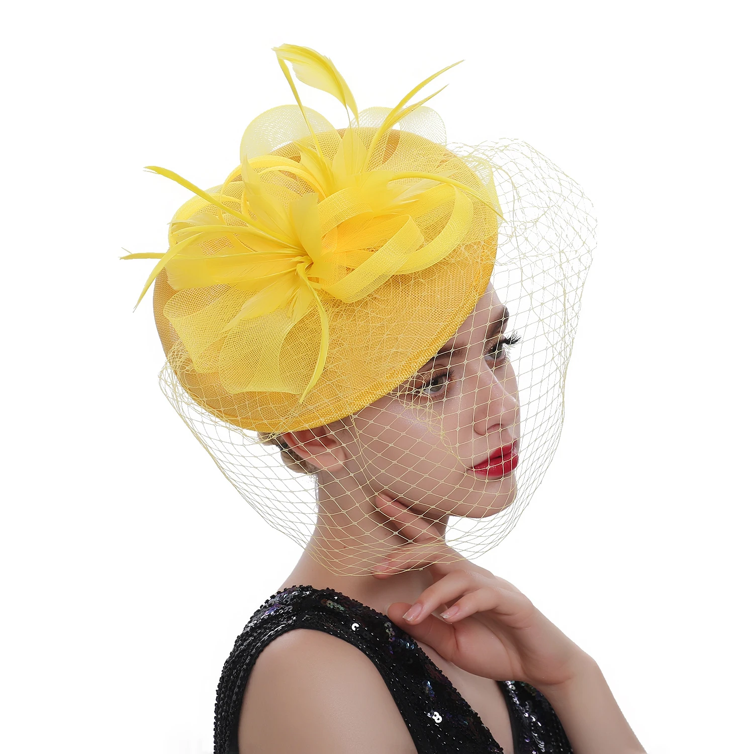 Ciężki splot Sinamay pętli welon i pióro Fascinator formalny kapelusz Kentucky Derby,Ascot, Melbourne Cup, kościół chluba