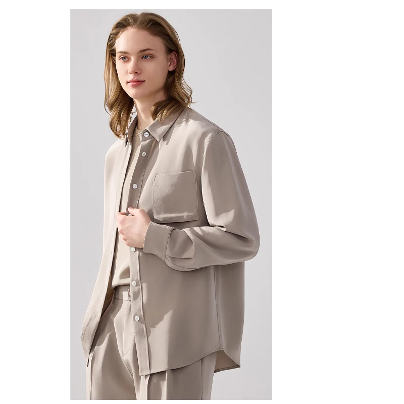 قميص Fengbaoyu للرجال من الحرير الطبيعي بأكمام طويلة وياقة أنيقة وعصرية مناسبة للربيع والصيف، كاجوال مريح ورائع