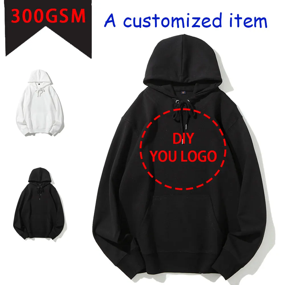 

DIY Custom Your Brand LOGO 300GSM New Autumn Winter Casual Cotton Black man's Large Size Top Solid Color Hoodies Sweatshirt