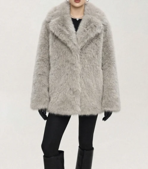 PUAL  Women  Furry Faux Fur Coat Lapel Collar Loose Short Warm Winter Fashion Outer Jacke