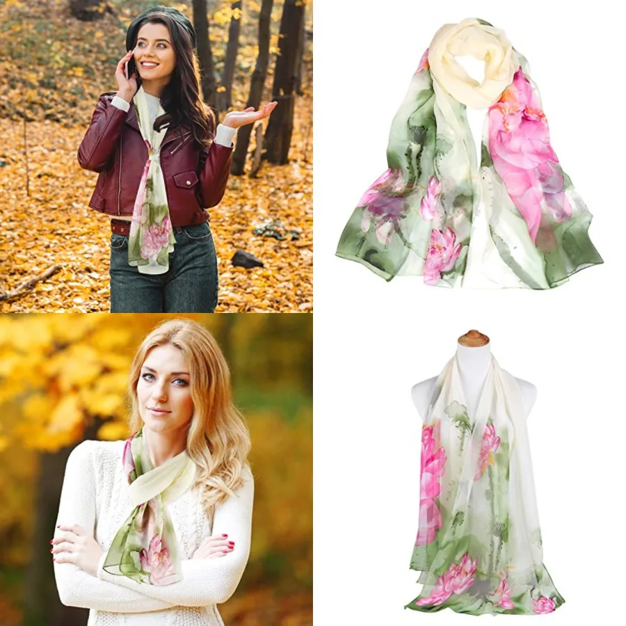 

Women Soft Floral Print Shawl Chiffon Sheer Scarf，Green Pink Lotus