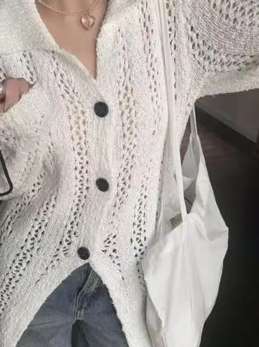 

Вязаный открытый кардиган с воротником и вырезом, свободный крой, длинный рукав для женщин, осенний новый дизайн, сенсационная верхняя одежда