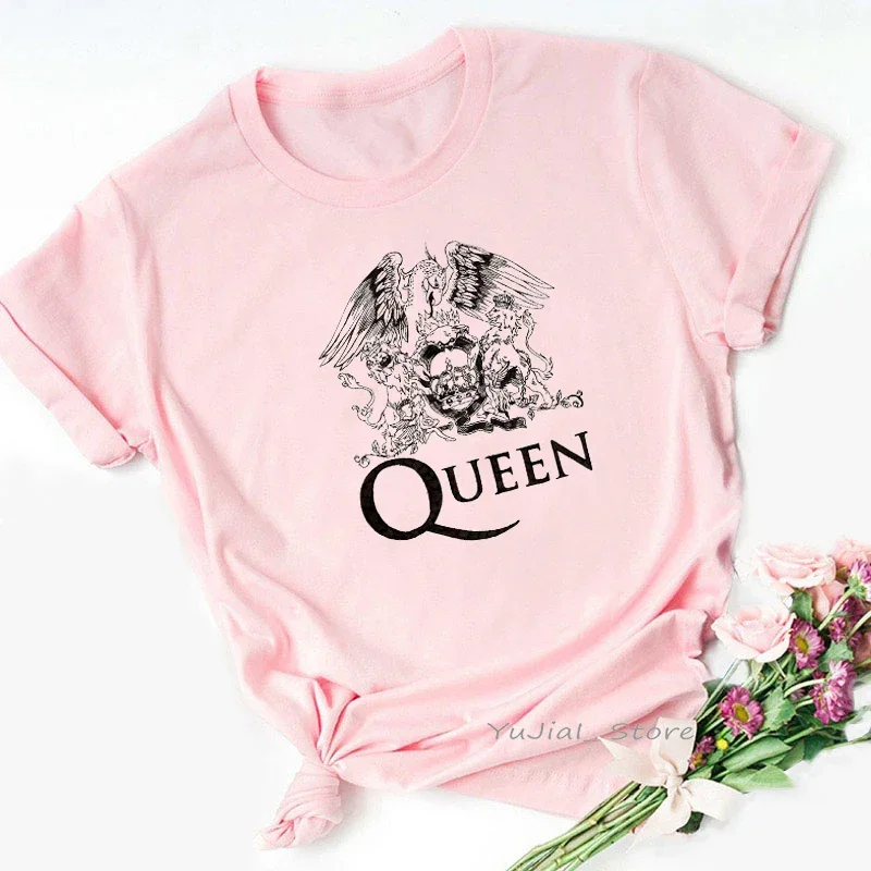 Rockowa motyw z zespołem Queen koszulka damska Freddie Mercury nadruk Vintage T Shirt estetyczne ubrania letni Top kobiet różowy graficzne koszulki