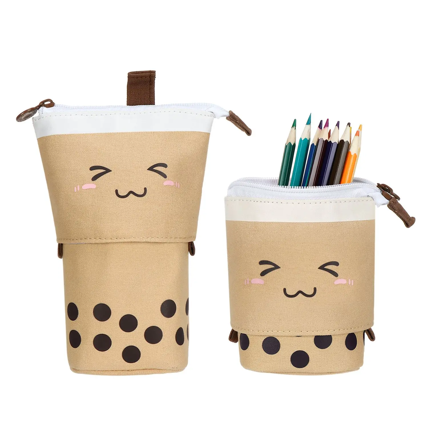 Boba Milktea Pen Pencil Telescopic Holder Stationery Case, Stand-up Transformer Bag with Kawaii Smile Face Black Dot Organizer