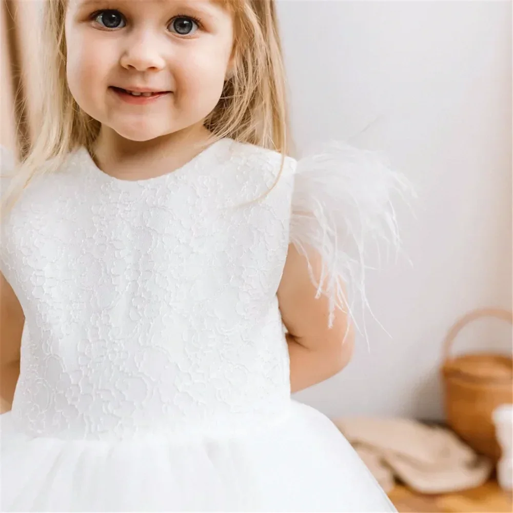 Communie Tule Prinses Baljurken Kant Afdrukken Eerste Bloemenmeisjesjurk Elegante kinderverrassing met lange mouwen Verjaardagscadeau