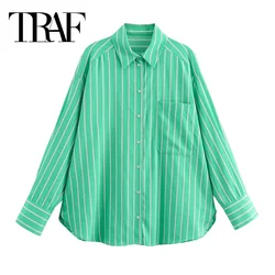 TRAF 2024 Green Striped Shirt Women Poplin Oversize Shirts Woman Fashion Button Long Sleeve Women's Casual Shirt Loose Blouses