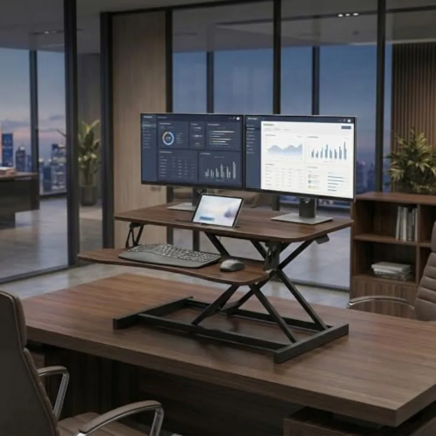 Standing Desk Converter 32 - Height Adjustable Desk Riser for Dual Monitors - Walnut - Relieve Back Pain - Home Office Corporat
