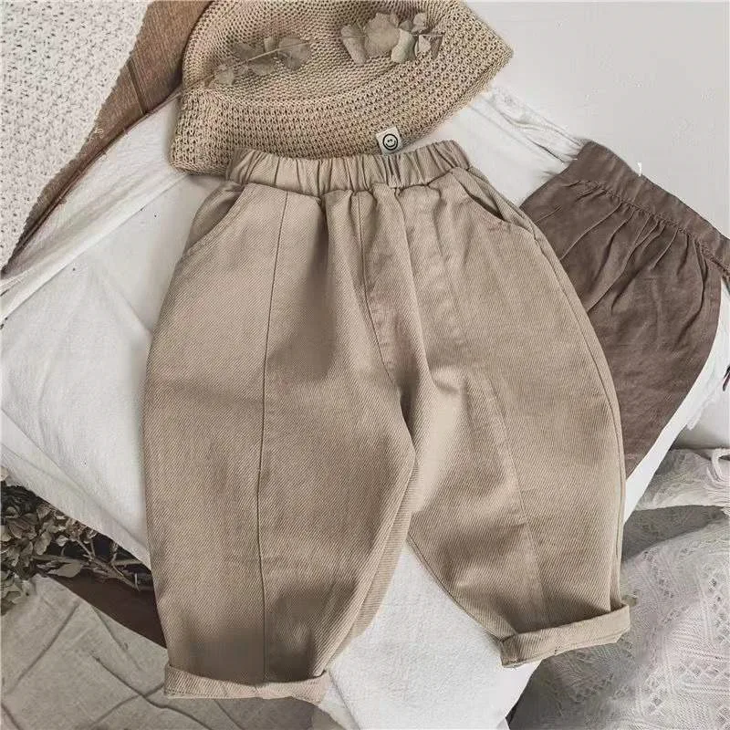 2024 Spring Baby Retro Pocket Dungarees Loose Girl Children Casual Pants Solid Boy Kids Fashion Trousers Toddler Cotton Clothes