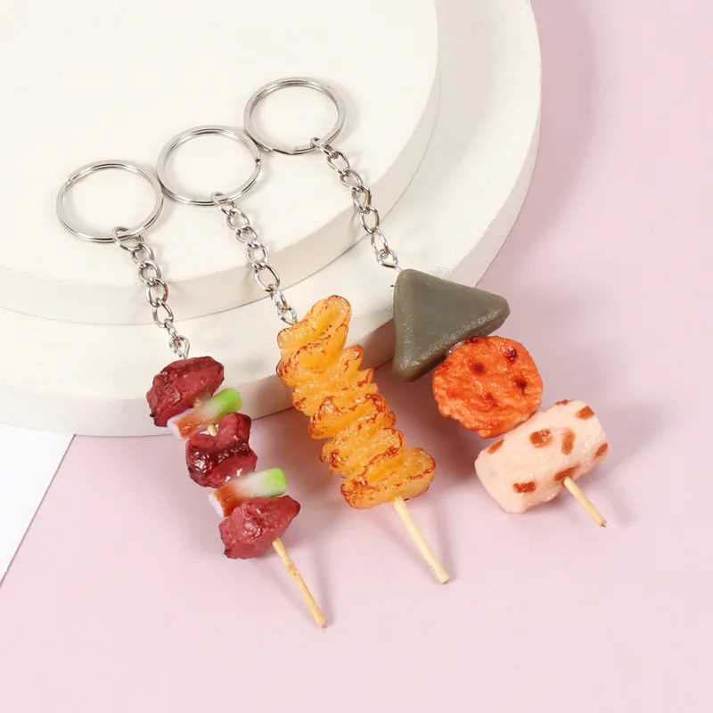 PVC Simulation Food BBQ Skewers Keychain for Women Squid Corn Meatball Keyring Car Key Chains Fashion Jewelry Accessories Gifts