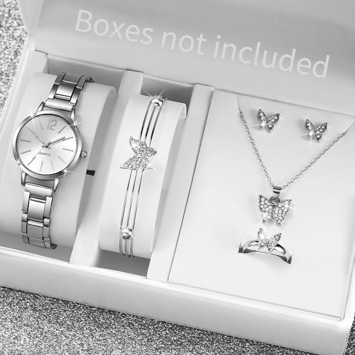 

Women's Quartz Watch, 6 Pieces, Silver Steel Bracelet, Butterfly Jewelry Set (Without Box)