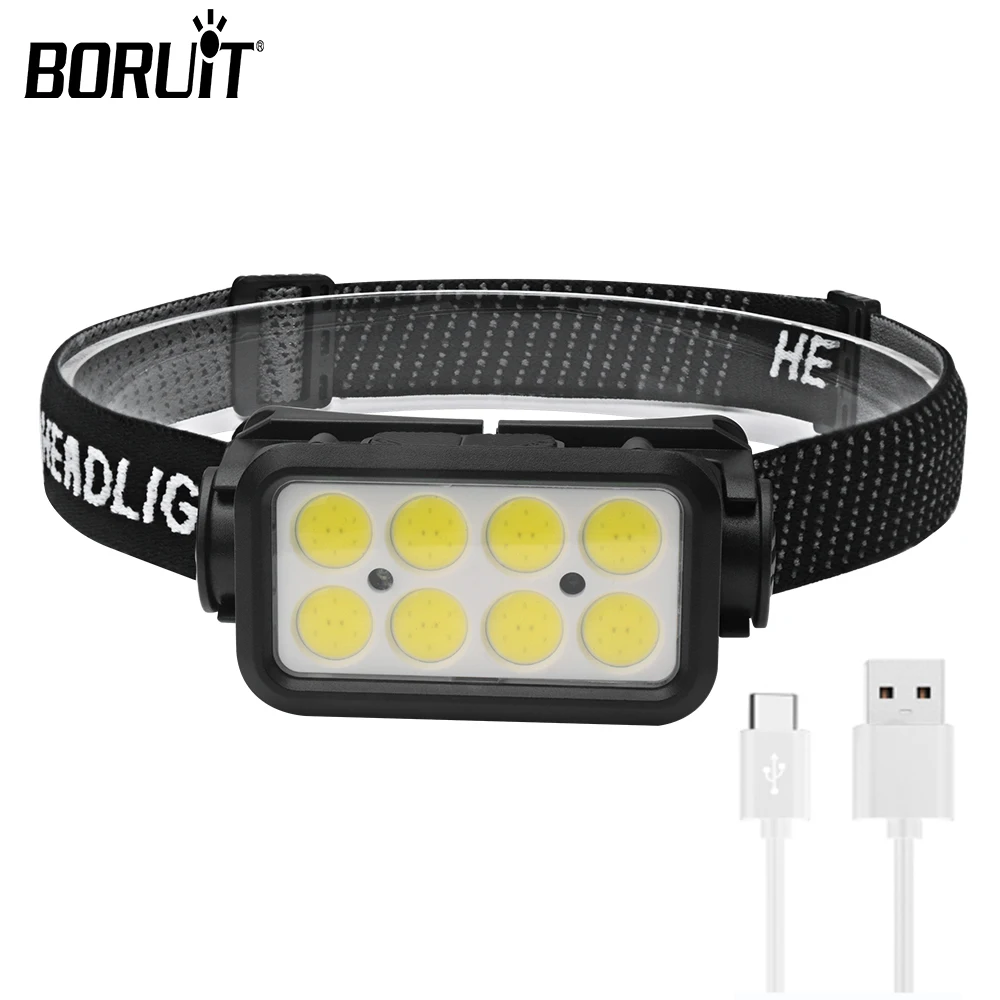 

BORUiT COB LED Headlamp Sensor Headlight Built-in 18650 Battery Type-C Rechargeable Torch Waterproof Camping Fishing Lantern