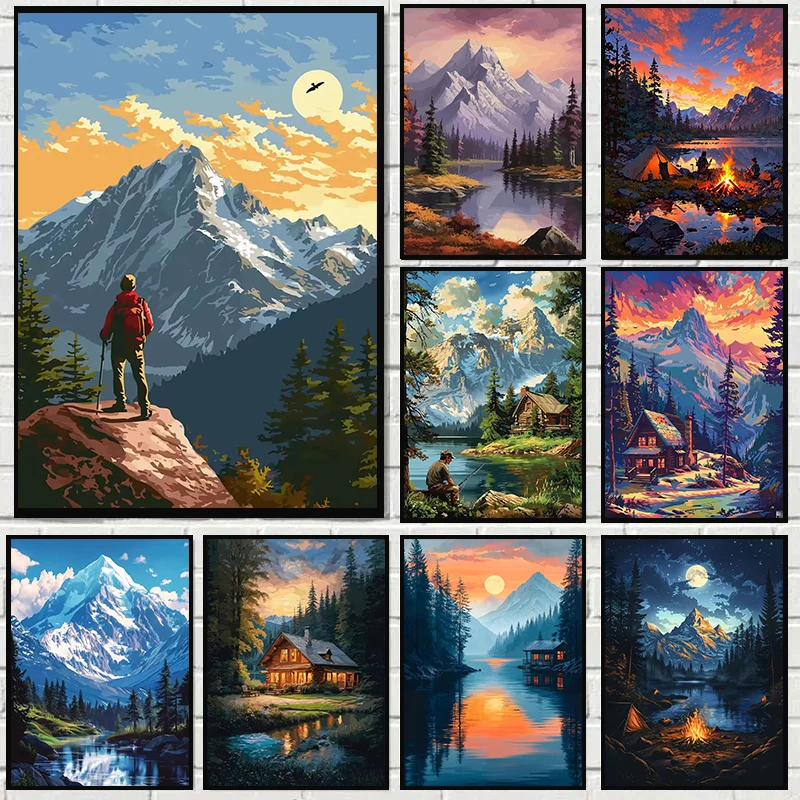 

Camping Mountain Resort and Forest House Landscape Poster Prints Vintage Canvas Painting Wall Art Picture Living Room Decoration