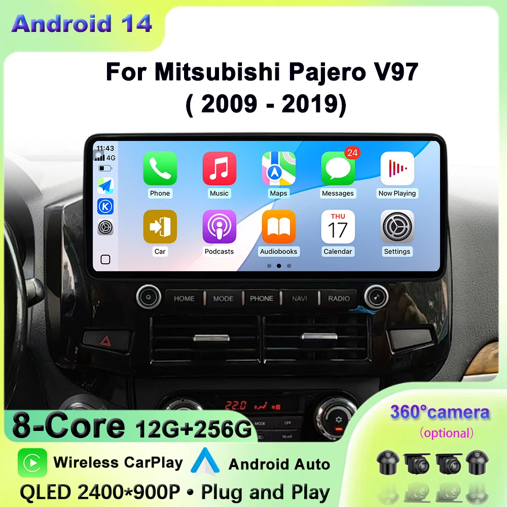 360-камера для Mitsubishi Pajero V97 2009-2019 QLED 2400*900P, автомобильный радиоприемник, мультимедийный видеоплеер, навигация, GPS, Android14, 4G, WIFI