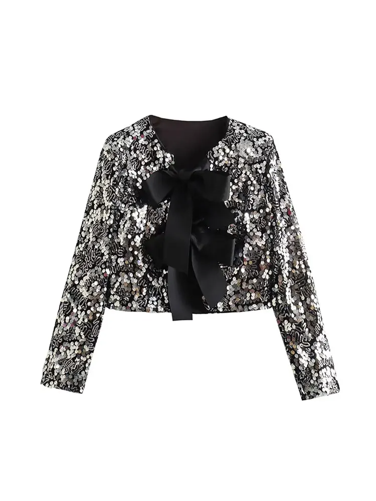 TRAF 2024 Spring Autumn Sparkling Sequins Women Casual Blouse Patchwork Bow Tied Long Sleeve Party Shirt Female Crop Top Y2K