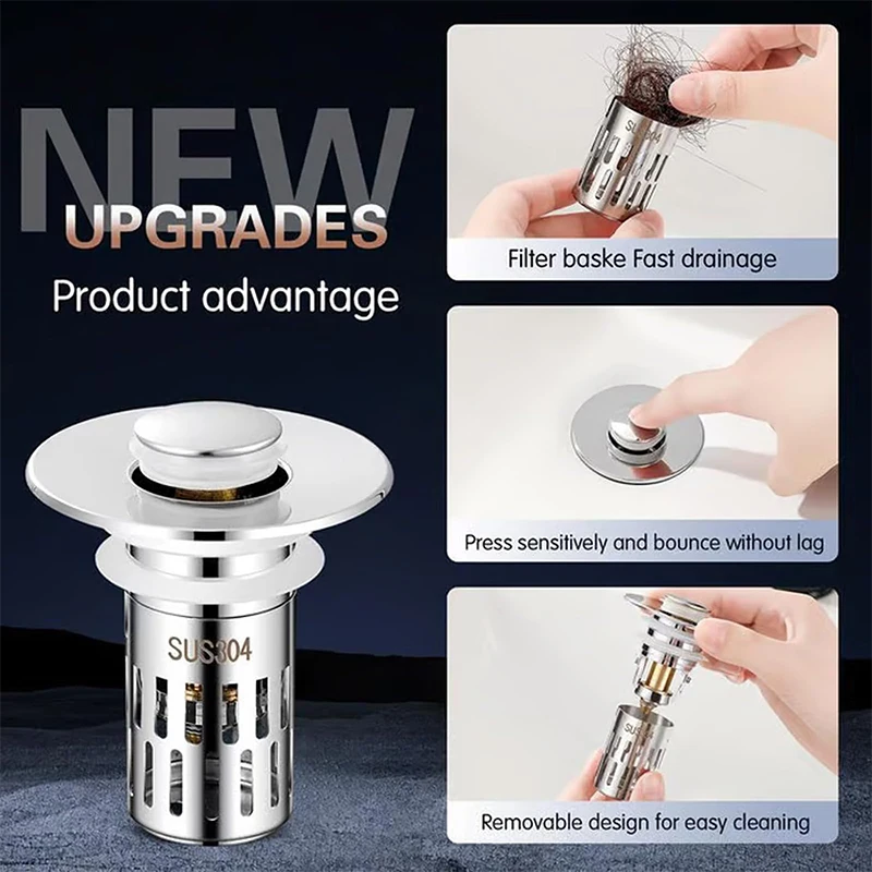 Pop-up Bounce Core Drain Filter Hair Catcher Deodorant Steel Bath Stopper Push-type Bathroom Hair Filter Sink Bathtub Plug