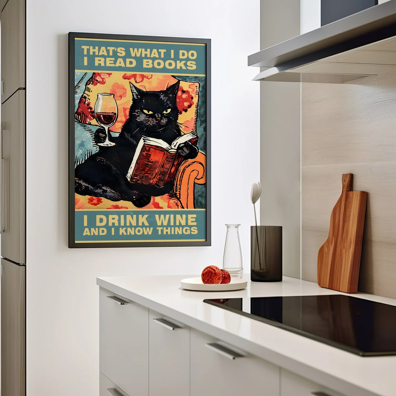 Black Cat Reading Book Drinking Wine Typography Poster or Canvas Print, Cat Wall Art, Quirky Black Cat Book Wine Lover Vintage A - view 2