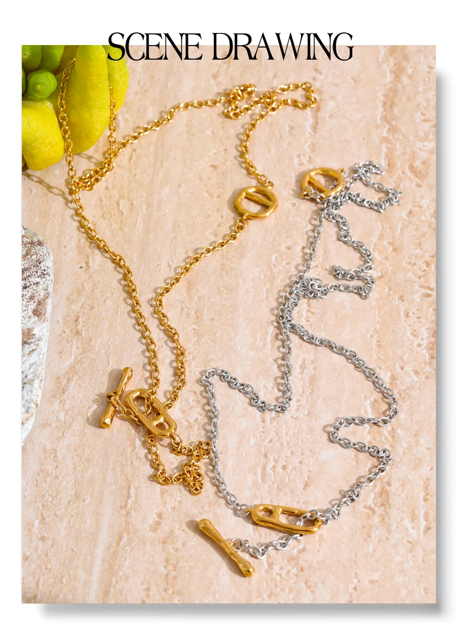 Yhpup 82 cm Kette aus 316L-Edelstahl mit Knebelverschlüssen, lange, unverwechselbare Halskette, fleckfreier, wasserfester Metallschmuck – Detail 4