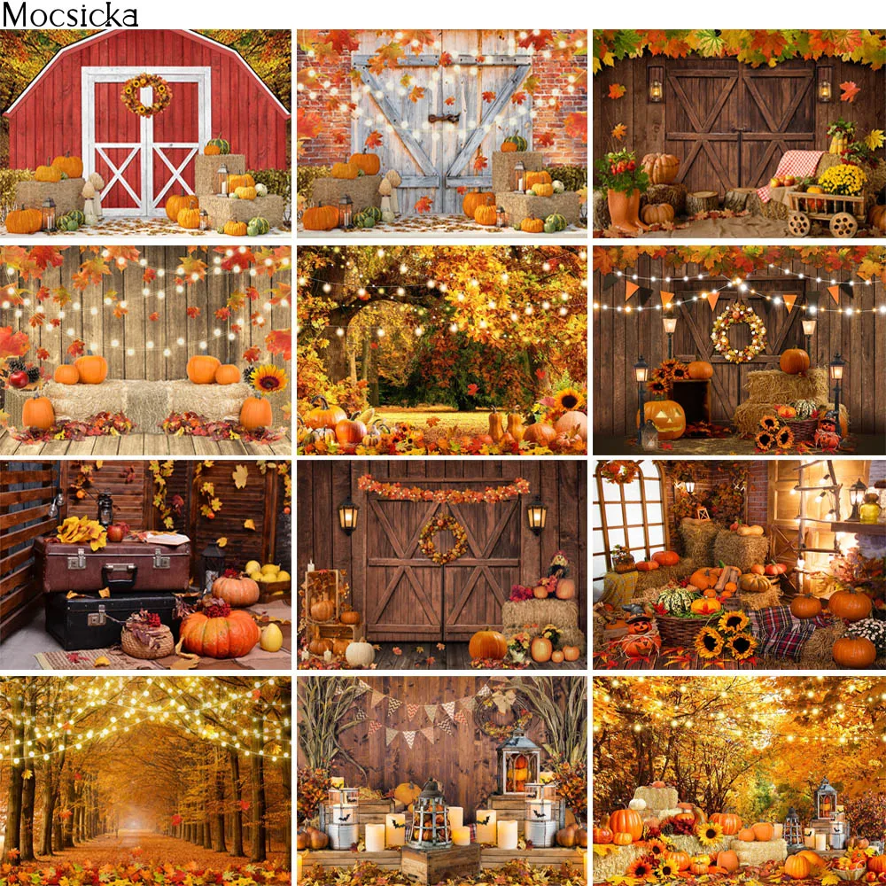 

Autumn Halloween Pumpkin Photography Backdrops Fall Farm Thanksgiving Harvest Maple Leaf Haystack Decor Kids Portrait Background