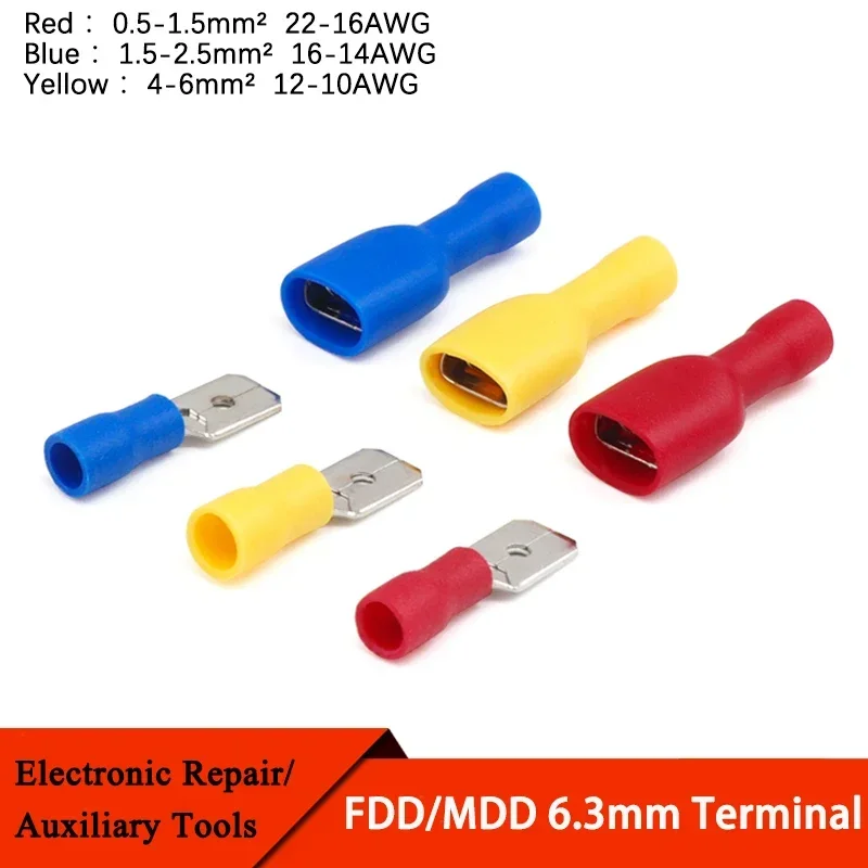 10/20/50Pcs FDD/MDD 6.3mm Terminal Red Blue Yellow Female Male Spade Insulation Electric Crimp Terminal Connector Wiring