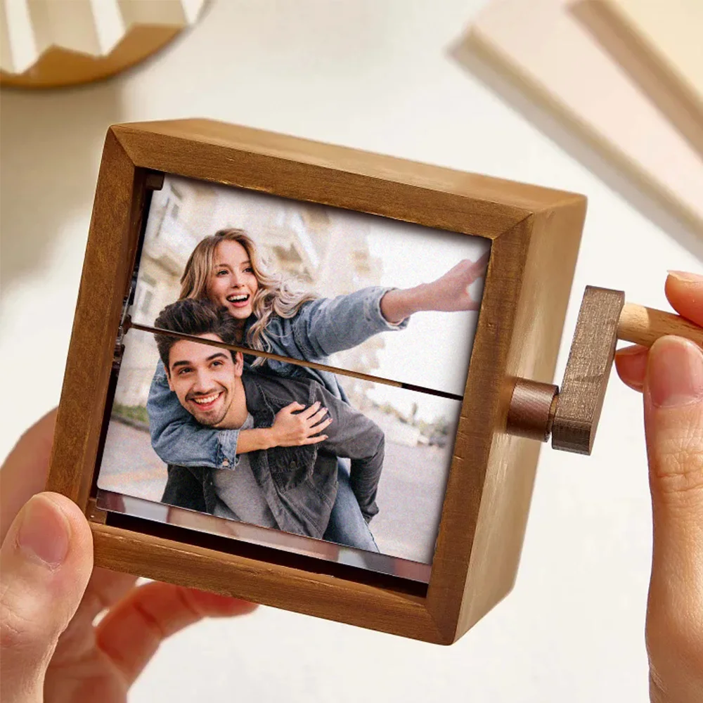 Custom Hand-cranked Photo Flipbook Box, Personalized Photo Flipbook, Valentines Day Gifts-Solid wood, slightly different colors