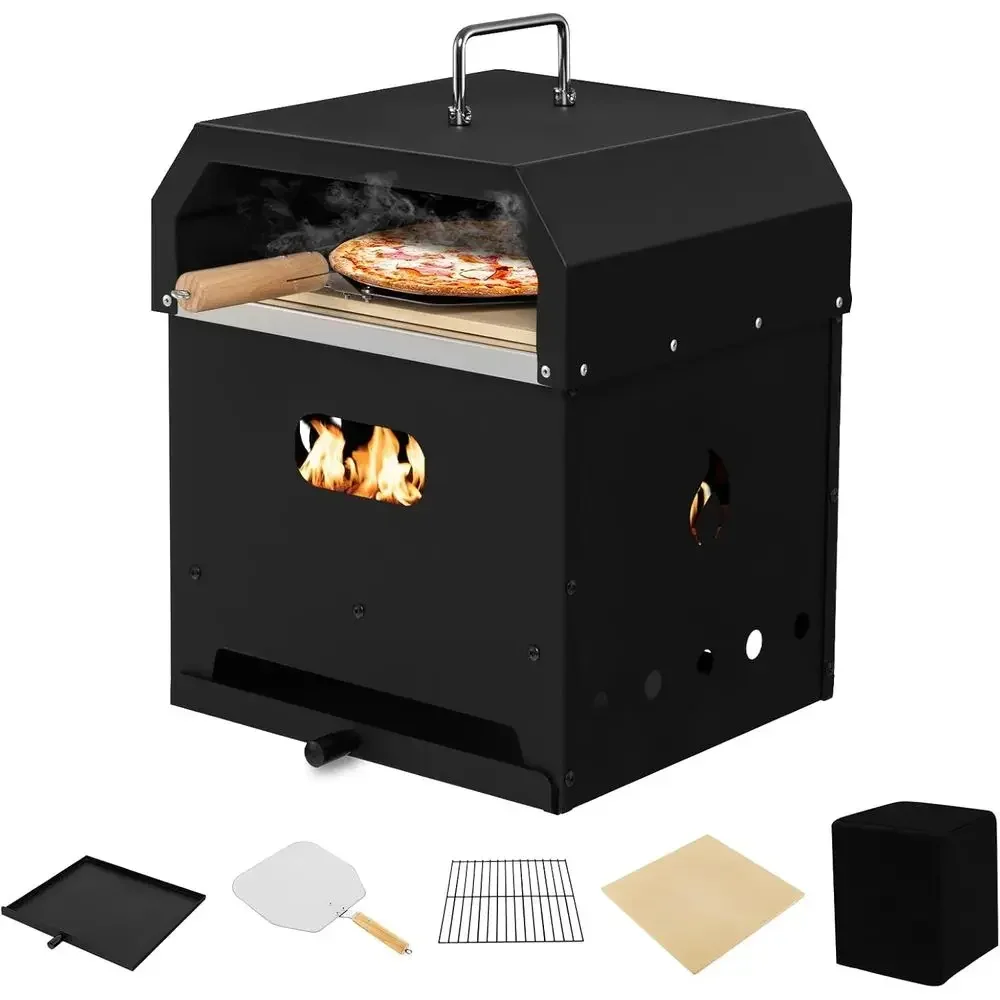 Outdoor 4-in-1 Wood Fired Pizza Oven and Grill with 12 Stone, Peel, Cover, and Grate for Backyard Parties and Camping