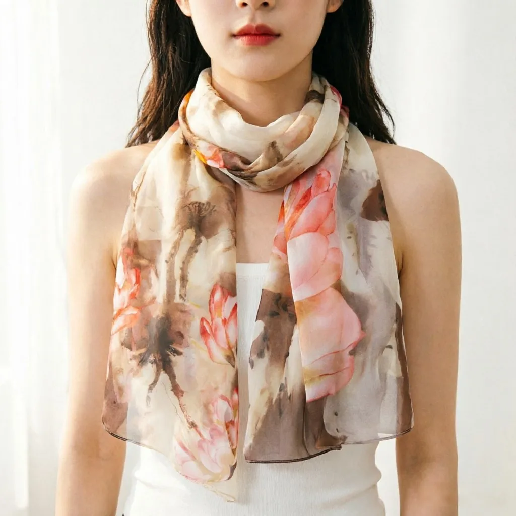 Watercolor Lotus Chiffon Scarf for Women Elegant Floral Print Long Shawl Wrap, Lightweight Georgette Silk Feel Scarves view 4